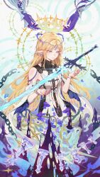 2girls absurdres bare_shoulders black_collar black_dress blue_eyes blue_hands breasts cartethyia_(wuthering_waves) chain chess_piece closed_mouth collar commentary crown crown_of_thorns dress earrings english_commentary fleurdelys_(wuthering_waves) hands_up highres jewelry looking_at_object multiple_girls pointy_ears sagi_(sagi_0116) small_breasts solo_focus sword tabard tacet_mark_(wuthering_waves) weapon white_tabard wuthering_waves