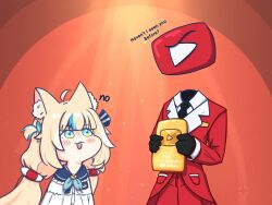 1girl ahoge animal_ear_fluff animal_ears blonde_hair blue_eyes blue_hair cat_ears dress english_text formal_clothes gold_creator_award highres indie_virtual_youtuber long_hair multicolored_hair red_suit rinfocer sameko_saba streaked_hair suit virtual_youtuber white_dress youtube youtube_creator_award