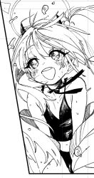 1girl :d alternate_costume bare_shoulders bikini blue_archive choker commentary_request cone_horns cropped demon_girl demon_horns dorontabi flat_chest floating_hair greyscale halo horns ibuki_(blue_archive) jacket long_hair looking_ahead monochrome navel off_shoulder open_clothes open_jacket open_mouth pointy_ears ribbon_choker side_ponytail small_horns smile solo stomach swimsuit water_drop white_background