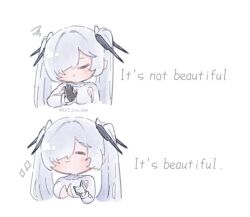 1girl :3 alice_love_game artist_name bodysuit breasts cinderella_(nikke) closed_eyes closed_mouth drakeposting_(meme) english_text gloves goddess_of_victory:_nikke grey_hair hair_over_one_eye index_finger_raised large_breasts long_hair meme simple_background solo template twintails twitter_username upper_body white_background