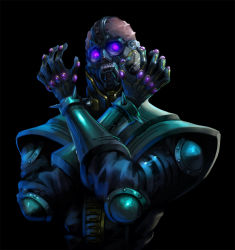 1boy armor black_background bracelet duel_monster elbow_pads glowing glowing_eyes jewelry jinzo_(yu-gi-oh!) looking_at_viewer male_focus mask purple_eyes simple_background solo spiked_bracelet spikes taedu upper_body vambraces veins yu-gi-oh!