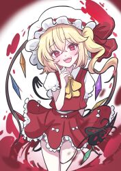 1girl arm_behind_back ascot blonde_hair commentary_request crossed_bangs crystal fang flandre_scarlet frilled_skirt frills giorgio_(yo_sumire_sola1) hair_between_eyes hat highres index_finger_raised long_hair looking_at_viewer mob_cap multicolored_wings one_side_up open_mouth puffy_short_sleeves puffy_sleeves red_eyes red_skirt red_vest shirt short_sleeves skirt skirt_set smile solo teeth touhou upper_teeth_only vest white_hat white_shirt wings yellow_ascot