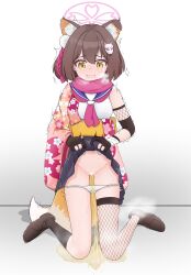 1girl absurdres animal_ears blue_archive blush boots breasts brown_hair cat_ears censored clothes_lift drooling female_focus fox_tail highres izuna_(blue_archive) japanese_clothes legs lmc_(pivix) open_mouth panties panties_around_leg pee pee_stain peeing pussy short_hair simple_background skirt skirt_lift small_breasts solo stain sweat tail tears tongue trembling underwear wet wet_clothes wet_panties white_background white_panties yellow_eyes