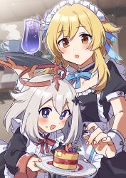 Rule 34 | 2girls, alternate costume, apron, black dress, blonde hair, blue bow, blue bowtie, blue eyes, blush, bow, bowtie, cake, commentary request, cowboy shot, crumbs, detached collar, dress, drink, enmaided, feather hair ornament, feathers, food, frilled apron, frills, genshin impact, glass, grey hair, hair ornament, halo, highres, holding, holding drink, holding plate, indoors, long sleeves, looking at viewer, lumine (genshin impact), maid, maid headdress, multiple girls, open mouth, paimon (genshin impact), plate, ponpoko, red bow, red bowtie, short hair, short hair with long locks, short sleeves, smile, upper body, waist apron, white apron, white wrist cuffs, wrist cuffs, yellow eyes