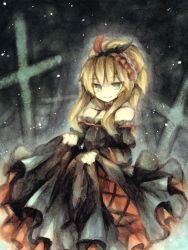 1girl aqua_eyes bad_id bad_pixiv_id bare_shoulders blonde_hair clothes_lift cross doll dress dress_lift elyse_(sound_horizon) female_focus grave graveyard ido_e_itaru_mori_e_itaru_ido maerchen_(sound_horizon) namakuby skirt_hold smile solo sound_horizon traditional_media