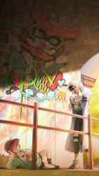 2girls amate_yuzuriha apologizing bag black_hair commentary_request conch_(gundam) crossbody_bag day fence full_body gachirin gquuuuuux graffiti gundam gundam_gquuuuuux haro hat heart highres holding holding_phone jacket jellyfish leggings long_hair lying multiple_girls nyaan_(gundam_gquuuuuux) on_ground on_side one_eye_closed open_mouth outdoors phone ponytail red_hair shirt short_hair shorts smile spray_paint standing sunset yellow_eyes