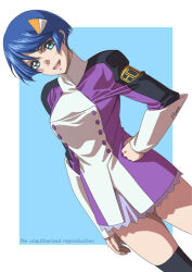 1girl blue_hair green_eyes hair_ornament hairclip kimura_satoshi long_sleeves looking_at_viewer military_uniform open_mouth scheris_adjani scryed short_hair skirt smile solo thighhighs watermark