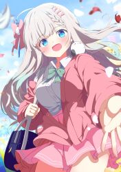 Rule 34 | 1girl, :d, absurdres, ahoge, animal, animal on shoulder, bag, bird, bird on shoulder, blue eyes, blue sky, blurry, blurry background, blush, bow, bowtie, braid, braided bangs, breasts, cardigan, collared shirt, commission, cowboy shot, day, dot nose, falling petals, gradient hair, green bow, green bowtie, grey hair, hair bow, hair ornament, highres, jacket, long hair, long sleeves, looking at viewer, miniskirt, multicolored hair, on shoulder, open clothes, open mouth, original, outdoors, outstretched arm, outstretched hand, petals, pink bow, pink bowtie, pink cardigan, pink jacket, pink skirt, pleated skirt, reaching, reaching towards viewer, school bag, school uniform, shiro9jira, shirt, shoulder bag, skeb commission, skirt, sky, smile, solo, virtual youtuber, white hair, white shirt