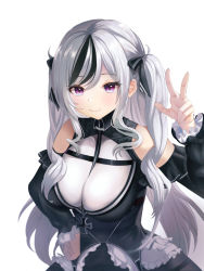 1girl azur_lane bare_shoulders between_breasts black_hair black_legwear breasts closed_mouth commentary cowboy_shot detached_sleeves elbe_(azur_lane) fang frilled_sleeves frills grey_hair hair_ornament hair_ribbon hand_on_own_hip highres large_breasts long_bangs long_hair long_sleeves looking_at_viewer multicolored_hair parted_bangs purple_eyes raurashun ribbon shadow simple_background skin_fang smile solo two-tone_hair two_side_up w white_background
