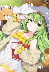 1girl absurdres book cardigan copyright_name cowboy_shot dress fingernails grass green_eyes green_hair hair_between_eyes highres holding holding_book kamiyoshi_rika logo long_hair looking_at_viewer lying mahjong_soul official_alternate_costume official_art on_back open_cardigan open_clothes open_mouth red_panda red_panda_girl red_panda_tail second-party_source short_dress sleeveless sleeveless_dress solo tail veil very_long_hair watermark white_dress yuzu_(mahjong_soul)