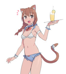 1girl :d animal_ear_fluff animal_ears bare_shoulders blue_panties blush bow bow_panties bra braid breasts brown_eyes brown_hair cat_ears cat_girl cat_tail cup drinking_glass drinking_straw fang frilled_panties frills hand_up holding holding_plate long_hair looking_at_viewer navel notice_lines open_mouth original panties plate saiste simple_background small_breasts smile solo standing tail twin_braids underwear white_background white_bra wrist_cuffs