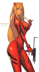 1girl bad_anatomy bad_proportions bodysuit breasts covered_erect_nipples cowboy_shot eyelashes female_focus food grey_eyes gun hairpods highres ice_(ice_factory) interface_headset_(evangelion) large_breasts lips long_hair machine_pistol mecha_pilot_suit neon_genesis_evangelion nose orange_hair pinky_out plugsuit_(evangelion) poorly_drawn popsicle rebuild_of_evangelion sidelocks simple_background skin_tight solo souryuu_asuka_langley submachine_gun trigger_discipline uzi weapon