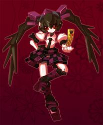 Rule 34 | 1girl, akicha, arm behind back, brown eyes, camera phone, cellphone, checkered clothes, crossover, floating, floral background, geta, hat, himekaidou hatate, joints, levitation, looking at viewer, mechanical hair, mechanical skirt, mechanization, medarot, necktie, no mouth, phone, purple hat, robot girl, robot joints, solo, standing, standing on one leg, tengu-geta, tokin hat, touhou, twintails