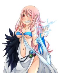 1girl belt black_belt blue_nails blush breasts commentary_request cowboy_shot detached_sleeves dress electricity electrokinesis fingernails grin long_hair looking_at_viewer medium_breasts meiko_(nattu303) navel pink_eyes pink_hair pointy_ears ragnarok_online revealing_clothes simple_background sleeveless sleeveless_dress smile solo sorcerer_(ragnarok_online) underboob white_background white_dress white_sleeves