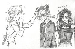 Rule 34 | 3girls, apron, battle tendency, breasts, commentary request, dress, flying sweatdrops, grandmother and granddaughter, graphite (medium), greyscale, headpat, jojo no kimyou na bouken, korean text, kujo holy, kuujou jolyne, lipstick, lisa lisa, makeup, monochrome, multiple girls, sempon (doppio note), small breasts, smile, sparkle, stardust crusaders, stone ocean, sunglasses, sweatdrop, traditional media, translation request