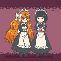 2girls 793_(oo793oo) :o apple apron black_bow black_bowtie black_dress black_hair black_shoes bow bowtie collared_shirt deformed dress food freckles fruit full_body hair_bow ishmael_(project_moon) juliet_sleeves limbus_company long_hair long_sleeves looking_at_viewer maid_apron maid_headdress multiple_girls orange_hair project_moon puffy_sleeves purple_background red_eyes ryoshu_(project_moon) shirt shoes simple_background standing very_long_hair white_apron white_bow wuthering_heights_(identity)_(project_moon) yellow_eyes