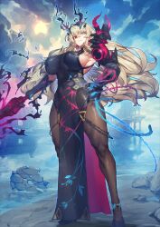 1girl armor asymmetrical_armor barghest_(fate) barghest_(second_ascension)_(fate) black_gauntlets black_gloves black_pantyhose black_shoes blonde_hair blue_background blue_eyes breasts chain cleavage dress fairy_sword_galatine fate/grand_order fate_(series) fiery_horns flaming_sword flaming_weapon floating_hair full_body game_cg gauntlets gloves hair_between_eyes hand_on_own_hip heterochromia high_collar high_heels holding holding_sword holding_weapon horns impossible_clothes impossible_dress large_breasts legs_apart long_dress long_hair looking_at_viewer melon22 official_art outstretched_arm pantyhose parted_lips pelvic_curtain pumps red_eyes see-through_cleavage see-through_clothes shoes side_slit sideboob single_gauntlet sleeveless sleeveless_dress smile solo standing sword third-party_source underboob variant_set weapon