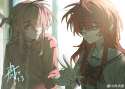 2girls absurdres blue_eyes bocchi_the_rock! bow bowtie chinese_commentary closed_mouth collarbone commentary_request cube_hair_ornament gotoh_hitori green_eyes hair_between_eyes hair_ornament highres jacket kita_ikuyo long_hair long_sleeves looking_at_another multiple_girls one_side_up pink_hair pink_jacket ran_ran_zhou red_bow red_bowtie red_hair school_uniform shuka_high_school_uniform sidelighting sidelocks signature track_jacket upper_body watermark weibo_watermark
