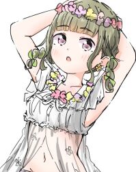 Rule 34 | 1girl, :o, arms up, bikini, blush, braid, breasts, center-flap bangs, collarbone, commentary, flower-trimmed bikini, flower wreath, green ribbon, hair ribbon, head wreath, her-bath-rium, kachimachi kosuzu, link! like! love live!, looking at viewer, love live!, medium breasts, medium hair, navel, official alternate costume, open mouth, pink eyes, ribbon, ribbon braid, sidelocks, simple background, solo, stomach, swimsuit, symbol-only commentary, tazaki masanobu, teeth, twin braids, upper body, upper teeth only, virtual youtuber, white background, white bikini