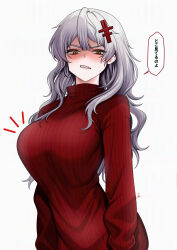 1girl absurdres blush breasts commentary goddess_of_victory:_nikke grey_hair hair_between_eyes hair_ornament hairclip highres large_breasts long_hair messy_hair red_sweater sharp_teeth solo striped_clothes striped_sweater sweater teeth translation_request yellow_eyes ymr_yamero yulha_(nikke)