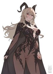 1boy absurdres alternate_costume black_cape black_dress bodystocking breasts brown_hair cape commentary dress earrings english_commentary hair_intakes highres horns jewelry large_breasts long_hair looking_at_another monochrome quilm red_eyes simple_background solo standing white_background wuthering_waves zani_(wuthering_waves)