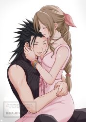 Rule 34 | 1boy, 1girl, aerith gainsborough, arms around waist, baggy pants, bangle, bare shoulders, black hair, blush, bracelet, braid, braided ponytail, breasts, brown hair, cleavage, closed eyes, commentary request, couple, dress, feet out of frame, final fantasy, final fantasy vii, final fantasy vii ever crisis, final fantasy vii remake, gradient background, hair ribbon, hand on another&#039;s cheek, hand on another&#039;s face, highres, hug, jewelry, nalu, open mouth, pants, parted bangs, pink dress, pink ribbon, ponytail, ribbon, sitting, sitting on lap, sitting on person, sleeveless, sleeveless dress, sleeveless turtleneck, small breasts, smile, spiked hair, sweater, turtleneck, turtleneck sweater, zack fair