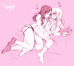 2023 2girls alt_text barbell_piercing blush bracelet breasts choker commentary commission dildo ear_piercing earrings english_commentary heart highres jewelry kitagawa_marin limited_palette medium_breasts multiple_girls nipples nude ogata_akira piercing pink_theme pussy_juice sex sex_toy signature sintastein socks sono_bisque_doll_wa_koi_wo_suru strap-on vaginal yuri