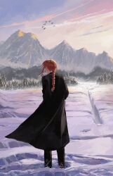 1girl absurdres bad_link bird black_coat black_pants bonsachoi braid chainsaw_man coat day from_behind highres makima_(chainsaw_man) mountain pants pine_tree red_hair sidelocks single_braid snow solo standing tree