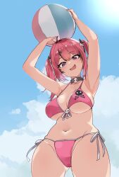 Rule 34 | 1girl, ahoge, arms up, ball, beachball, bikini, blue sky, breasts, cloud, collar, collarbone, commentary request, cowboy shot, curvy, fang, front-tie bikini top, front-tie top, goddess of victory: nikke, groin, hair ornament, hairclip, highres, holding, holding ball, holding beachball, large breasts, looking at viewer, looking down, mast (a pirate&#039;s heart) (nikke), mast (nikke), navel, ninchan, open mouth, outdoors, partial commentary, pink bikini, pink eyes, pink hair, shiny skin, side-tie bikini bottom, skin fang, skull, skull and crossbones, skull hair ornament, sky, solo, sunlight, swimsuit, thong, thong bikini, two side up, wide hips