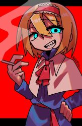 1girl alice_margatroid ascot black_background blonde_hair blue_dress blue_eyes capelet cigarette collared_capelet commentary cookie_(touhou) cowboy_shot dress frilled_hairband frills glowing glowing_eyes grin hair_between_eyes hairband hand_on_own_hip holding holding_cigarette long_sleeves looking_at_viewer qrteg87yhl16571 red_ascot red_background red_hairband red_sash sash sharp_teeth short_hair smile smoking solo symbol-only_commentary taisa_(cookie) teeth touhou two-tone_background white_capelet