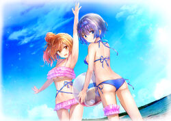 2girls ass beach breasts butt_crack cevio lukky_clover multiple_girls navel ocean satou_sasara smile suzuki_tsudumi swimsuit tagme underboob