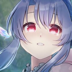 Rule 34 | 1girl, blue butterfly, blue hair, blurry, blurry background, blush, braid, bug, butterfly, commentary request, crown braid, glowing butterfly, hair between eyes, highres, ichimiyasakutto, insect, long hair, looking at viewer, parted lips, portrait, red eyes, sad, sidelocks, solo, sorakado ao, summer pockets, tearing up, tears