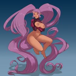 1girl absurdly_long_hair absurdres bare_legs barefoot blue_background blunt_bangs bottomless breasts cleavage entrapta gekasso gradient_background highres index_finger_raised large_breasts long_hair navel nipples shadow she-ra_and_the_princesses_of_power smile solo twintails very_long_hair