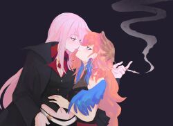 Rule 34 | bare shoulders, breasts, cleavage, collared vest, convenient wing, couple, covered collarbone, dress, dress pants, earrings, embroidered dress, feather earrings, feathers, gangster, gradient hair, hair ornament, highres, hololive, hololive english, ichika lucifer, jacket, jewelry, lace collar, long hair, long sleeves, lucesamaaa, mori calliope, multicolored hair, multiple girls, official alternate costume, orange hair, pants, phoenix wings, pink hair, purple eyes, red dress, see-through cleavage, see-through clothes, shirt, smile, takanashi kiara, takanashi kiara (party dress), vest, virtual youtuber, yuri