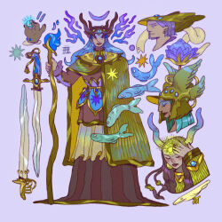 Rule 34 | 4girls, albabg, blue fire, blue hair, brown hair, cloak, creature, crescent, disembodied hand, dress, fire, fish, flower, flying fish, hat, headpiece, helmet, highres, horns, long hair, lotus, mage staff, multiple girls, original, snake, staff, star (symbol), sword, weapon, winged helmet
