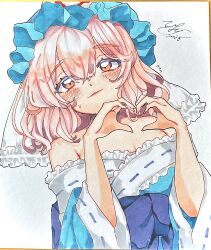 1girl absurdres bare_shoulders blue_hat blue_kimono blue_sash breasts brown_eyes cleavage dated hat heart heart_hands highres japanese_clothes kimono long_sleeves looking_at_viewer medium_hair mob_cap obi off_shoulder pink_hair ribbon-trimmed_sleeves ribbon_trim saigyouji_yuyuko sash shikishi shirt signature simple_background smile solo touhou traditional_media triangular_headpiece uchisaki_himari upper_body veil white_background white_shirt white_veil