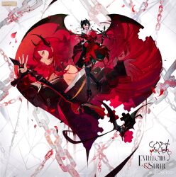 2girls absurdres arknights artist_name black_dress black_hair black_shoes black_thighhighs breasts chain character_name closed_eyes dress entelechia_(arknights) fingerless_gloves gloves heart high_heels highres looking_at_viewer medium_breasts multiple_girls pointy_ears puzzle_piece qinghejunzi red_eyes red_hair red_theme shoes short_hair short_hair_with_long_locks sidelocks smile surtr_(arknights) sword thighhighs weapon