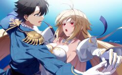 1boy 1girl absurdres antenna_hair archetype_earth arcueid_brunestud bare_shoulders black_hair blonde_hair blue_background blue_eyes blue_jacket breasts cleavage commission dancing dress fate/grand_order fate_(series) fujimaru_ritsuka_(male) hetero highres jacket kpaoi large_breasts long_hair red_eyes short_hair simple_background strapless strapless_dress tsukihime upper_body white_dress