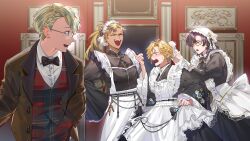 4boys :d :o ^_^ absurdres alternate_costume antenna_hair apron belt belt_buckle black_belt black_bow black_choker black_dress black_hair blonde_hair blue_eyes blue_hair blush bonnet bow bowtie braid brown_bow brown_bowtie brown_coat brown_eyes brown_hair brown_vest buckle buttons choker closed_eyes coat collared_dress collared_shirt colored_inner_hair commentary crossdressing dark-skinned_male dark_skin double-breasted dress english_commentary enmaided fangs floral_print frilled_apron frilled_bonnet frilled_sleeves frills glasses hair_bow hair_ornament hairclip hand_in_pocket hand_up hibachi_mana hibachi_mana_(2nd_costume) high_ponytail highres index_finger_raised indoors juliet_sleeves kaohom503 krisis lace_trim lapels long_hair long_sleeves looking_at_another looking_back lower_teeth_only maid maid_apron maid_headdress male_focus medium_hair multicolored_hair multiple_boys nijisanji nijisanji_en official_alternate_costume open_clothes open_coat open_mouth parted_bangs picture_frame plaid_clothes plaid_vest pointing pointing_at_another ponytail puffy_sleeves purple_hair red-framed_eyewear round_eyewear scar scar_across_eye scar_on_face scar_on_forehead semi-rimless_eyewear shirt short_hair single_braid smile standing streaked_hair sweatdrop teeth under-rim_eyewear upper_teeth_only v-shaped_eyebrows vantacrow_bringer vest vezalius_bandage white_apron white_bonnet white_bow white_shirt wide_sleeves yu_q._wilson