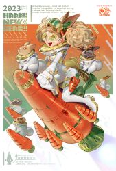 +_+ 1girl :d blonde_hair bodysuit border carrot chinese_zodiac commentary_request curly_hair english_text glasses goggles goggles_on_head gold_trim green_eyes highres long_hair long_sleeves mame_usagi mechanical_ears open_mouth original poster_(medium) rabbit rabbit_girl rocket round_eyewear sleeves_past_fingers sleeves_past_wrists smile spacesuit teeth tinted_eyewear twintails upper_teeth_only white_bodysuit white_border year_of_the_rabbit yellow-tinted_eyewear