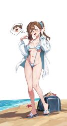 1girl absurdres bag beach bikini blue_bikini blue_sandals blue_scrunchie blush bracelet braid breasts brown_eyes brown_hair commentary_request embarrassed fang flip-flops full_body hair_ornament hair_scrunchie hand_in_own_hair highres jacket jewelry kotobuki_hisako large_breasts long_hair long_sleeves looking_to_the_side magazine_(object) navel open_clothes open_jacket open_mouth parack ponytail sand sandals scrunchie seitokai_ni_mo_ana_wa_aru! slingshot_swimsuit solo speech_bubble standing starfish striped_bikini striped_clothes swimsuit thought_bubble water wet white_background white_jacket