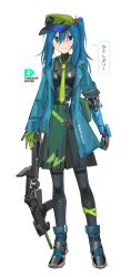 Rule 34 | 1girl, absurdres, aesur a, alternate costume, black shirt, black skirt, blue coat, blue hair, boots, coat, english text, green necktie, green skirt, gun, hat, highres, kawashiro nitori, mechanical arms, necktie, pantyhose, shirt, simple background, single mechanical arm, skirt, solo, touhou, translation request, two-tone skirt, two side up, weapon, white background