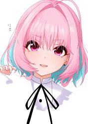 Rule 34 | 1girl, black ribbon, blending, blue hair, blue nails, dot nose, earrings, hair between eyes, hair intakes, hand up, heart, heart earrings, highres, idolmaster, idolmaster cinderella girls, jewelry, kakki (kackie), medium hair, multicolored hair, neck ribbon, open mouth, pink eyes, pink hair, pink nails, ribbon, shirt, simple background, smile, solo, two-tone hair, white background, white shirt, yumemi riamu