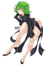 1girl absurdres artist_name ass bare_legs bent_over black_dress black_shoes breasts curly_hair dress flipped_hair full_body green_eyes green_hair half-closed_eyes hand_on_own_hip hand_on_own_knee hand_on_own_leg highres long_sleeves looking_at_viewer one-punch_man parted_lips pear_shaped_figure pelvic_curtain shoes short_hair simple_background small_breasts solo tatsumaki thighs twitter_username wanderjegson white_background