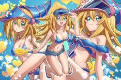 bikini blonde_hair blue_bikini blue_footwear blue_hat blush_stickers breasts bubble choker cleavage commission dark_magician_girl duel_monster flip-flops green_eyes hat heart highres holding holding_wand medium_breasts multiple_views nail_polish navel ogi_non pentacle pentagram phrygian_helmet sandals short_shorts shorts skeb_commission staff swimsuit visor_cap wand wizard_hat yu-gi-oh! yu-gi-oh!_duel_monsters