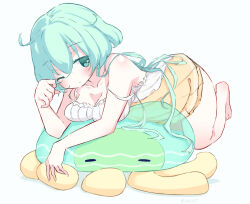 Rule 34 | 1girl, bare shoulders, breasts, camisole, cleavage, emil chronicle online, green eyes, green hair, highres, jellyfish, large breasts, one eye closed, orange skirt, pet, poison gel alma, skirt, sleepy, white background