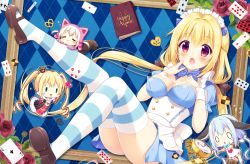 0_0 4girls :&lt; :3 :d :o =_= ace_(playing_card) ace_of_clubs ace_of_hearts alice_(alice_in_wonderland) alice&#039;s_adventures_in_wonderland animal_ears animal_hat aoi_yun apron argyle_background argyle_clothes black_bow blonde_hair blue_background blue_bow blue_hair blue_shirt blue_skirt blush book bow breasts brown_footwear card cat_ears cat_hat checkerboard_cookie cheshire_cat_(alice_in_wonderland) chibi closed_eyes closed_mouth club_(shape) commentary_request cookie diamond_(shape) dress eat_me fingernails flower food frilled_shirt frills green_eyes hair_between_eyes hair_bow hair_ribbon hand_to_own_mouth hat heart heart_print holding holding_staff long_hair looking_at_viewer low_twintails maid_headdress medium_breasts multiple_girls open_mouth original outstretched_arms parted_lips personification playing_card pocket_watch pretzel print_dress puffy_sleeves queen_of_hearts_(alice_in_wonderland) rabbit_ears rabbit_girl rabbit_tail red_eyes ribbon ringlets rose running shirt shoes sidelocks skirt smile spade_(shape) staff striped_bow striped_clothes striped_legwear striped_thighhighs tail teardrop thighhighs triangle_mouth twintails underbust very_long_hair waist_apron watch white_apron white_dress white_hair white_rabbit_(alice_in_wonderland) white_ribbon