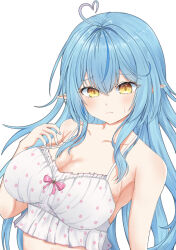1girl ahoge blue_hair blue_nails bow breasts camisole cleavage closed_mouth collarbone hand_up heart heart_ahoge hololive large_breasts long_hair pink_bow pointy_ears polka_dot polka_dot_camisole scarlet_mirin simple_background solo sweatdrop upper_body white_background white_camisole yellow_eyes yukihana_lamy yukihana_lamy_(loungewear)