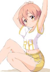 Rule 34 | 1girl, alternate costume, armpit peek, arms up, breasts, closed mouth, collarbone, cropped shirt, dolphin shorts, feet out of frame, hair between eyes, highres, hoshizora rin, knees up, looking at viewer, love live!, love live! school idol project, midriff, navel, orange hair, sen (sen0910), shirt, short hair, short shorts, short sleeves, shorts, small breasts, solo, stretching, t-shirt, white shirt, yellow eyes, yellow shorts