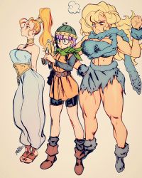 3girls ankle_boots ayla_(chrono_trigger) bags_under_eyes barefoot_sandals_(jewelry) belt belt_pouch big_hair bike_shorts blonde_hair boots breasts chrono_trigger cleavage clenched_hand commentary dress ear_piercing earrings energy_gun english_commentary flat_chest friendly_mutton_chops frown full_body glasses gun hair_tubes hand_on_own_hip helmet high_ponytail highres holding holding_gun holding_weapon jewelry large_breasts long_legs lucca_ashtear marker_(medium) marle_(chrono_trigger) medium_breasts multiple_girls muscular muscular_female neck_ring neckerchief orange_hair pendant perky_breasts piercing ponytail pouch purple_hair ray_gun robaato short_hair shorts_under_dress tail tail_around_head tan thick_thighs thighs toe_ring toes traditional_media tribal veins veiny_hands weapon